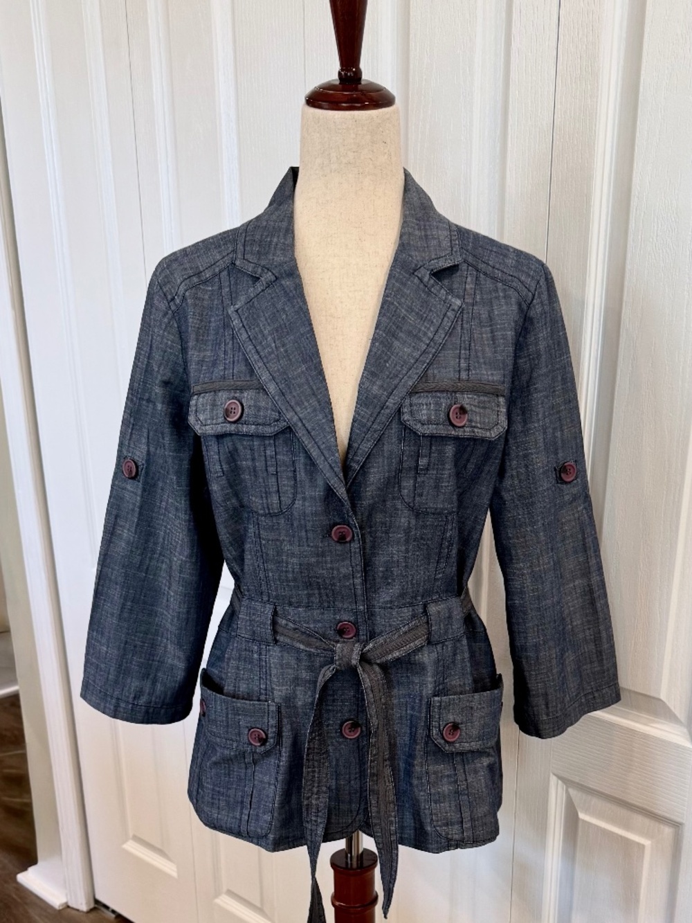 Woman's Lg Field Jacket by Peck & Peck, 100% Cotton Tie Belt 4 Pockets Button Up